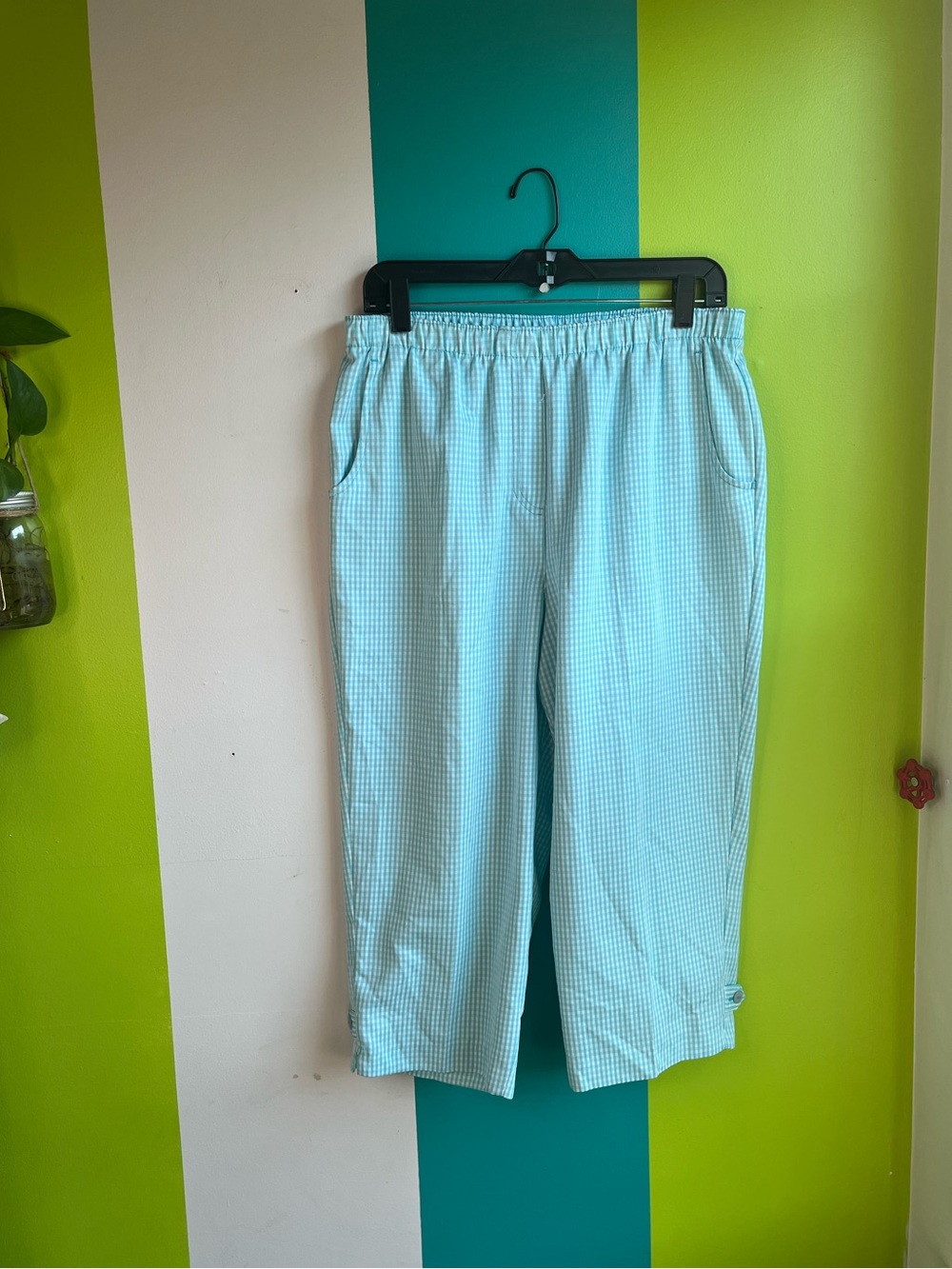 Aria Light Blue Gingham Elastic Waist Capris